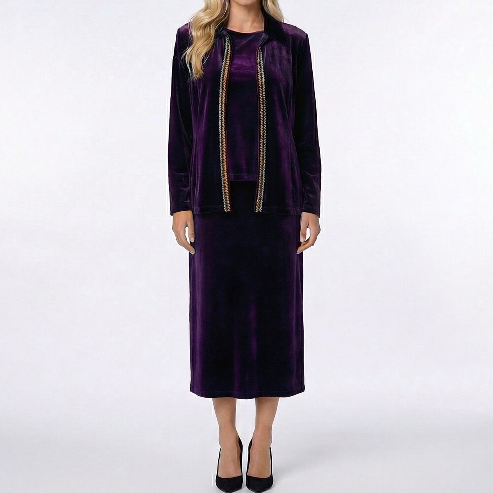 RICCI Purple Vintage 90s Velvet Sweater 3 Piece Skirt Suit Set